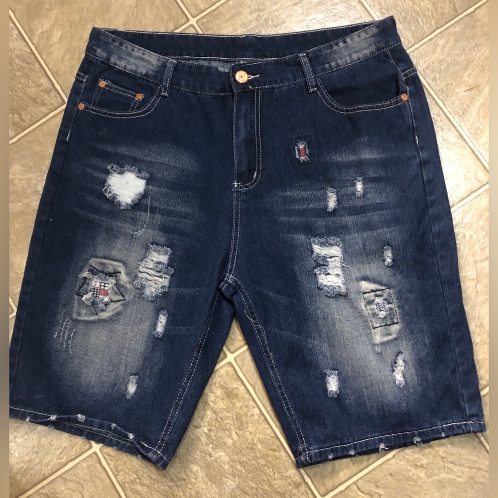 Men's Distressed Denim Shorts - Dark Blue